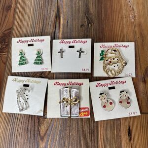 Lot (5) Christmas Brooches Earrings Happy Holidays Brand Costume Jewelry VTG